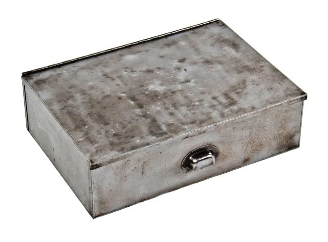 original and unique c. 1930's american depression era cold-rolled pressed and folded steel portable factory foreman's desk with concealed storage cabinet and original "cup" style pull