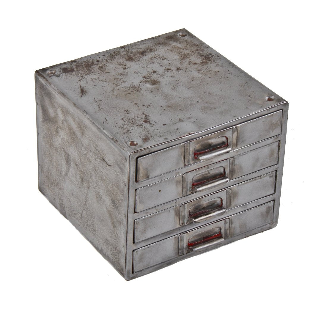 1940's original and intact diminutive american industrial pressed and folded steel four-drawer factory workshop storage cabinet with integrated pulls or handles