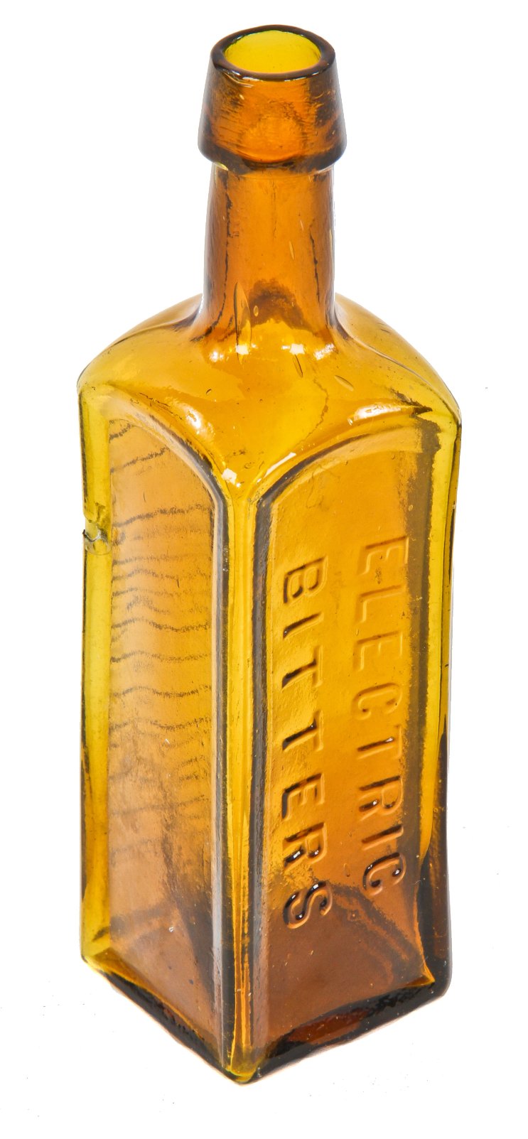 late nineteenth century antique american square golden amber 'electric bitters' privy dug tapered collar medicinal bottle manufactured for the h.e. bucklen & company