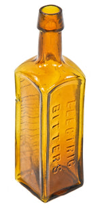 late nineteenth century antique american square golden amber 'electric bitters' privy dug tapered collar medicinal bottle manufactured for the h.e. bucklen & company