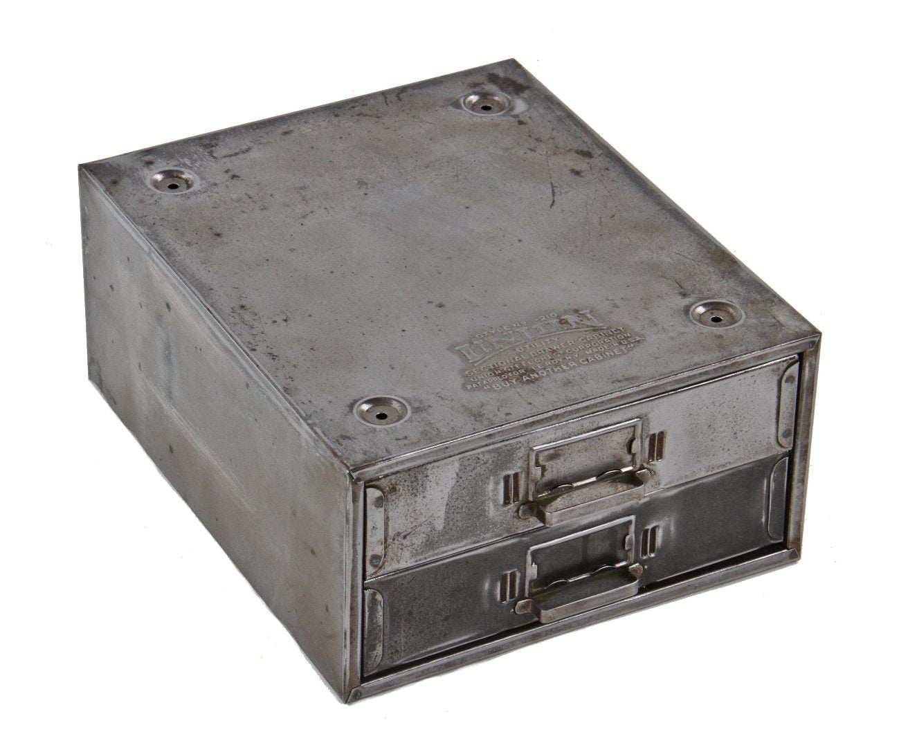 refinished two-drawer american c. 1930's industrial pressed and folded steel factory machine shop "small parts" union cabinet with placard holders