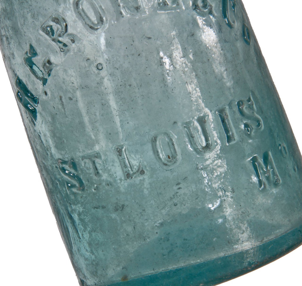 hard to find late 1850's antique american st. louis privy dug blue aqua blobtop soda bottle manufactured for h.g. rone & co. in st. louis, missouri