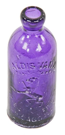 very rare late-nineteenth century vibrant deep purple hutchinson soda bottle manufactured for alois vana in chicago, illinois.