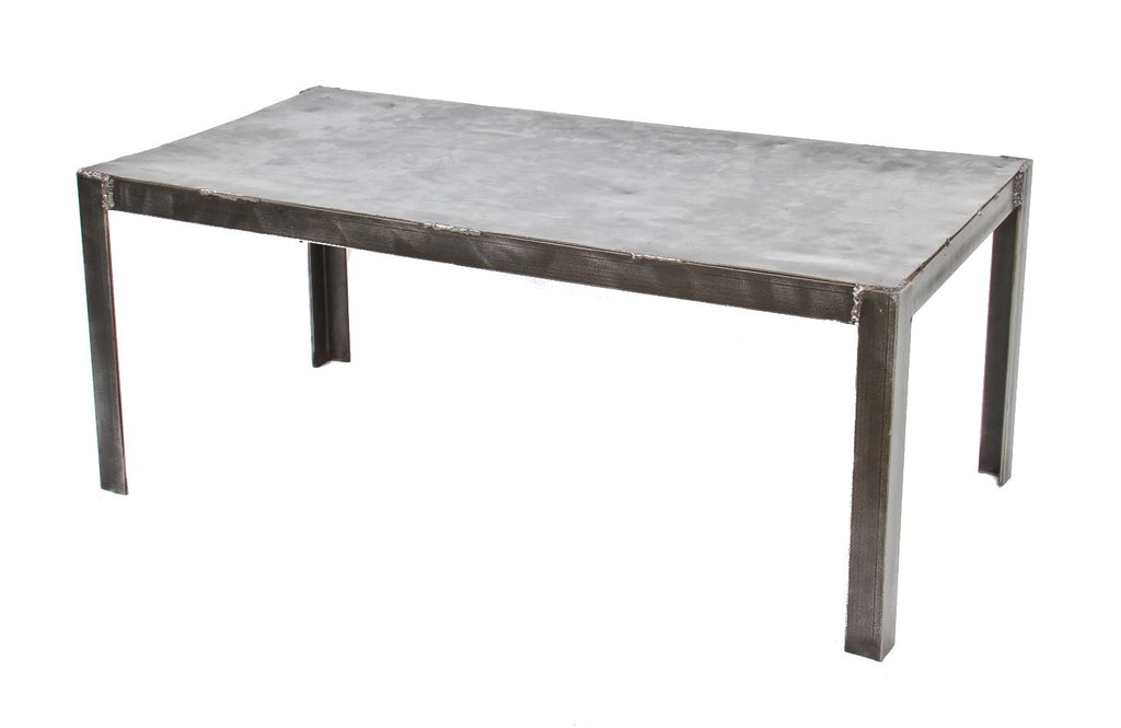 refinished c. 1940's original american industrial heavy duty stationary all-welded joint solid angled steel four-legged repurposed coffee table with sanded top deck