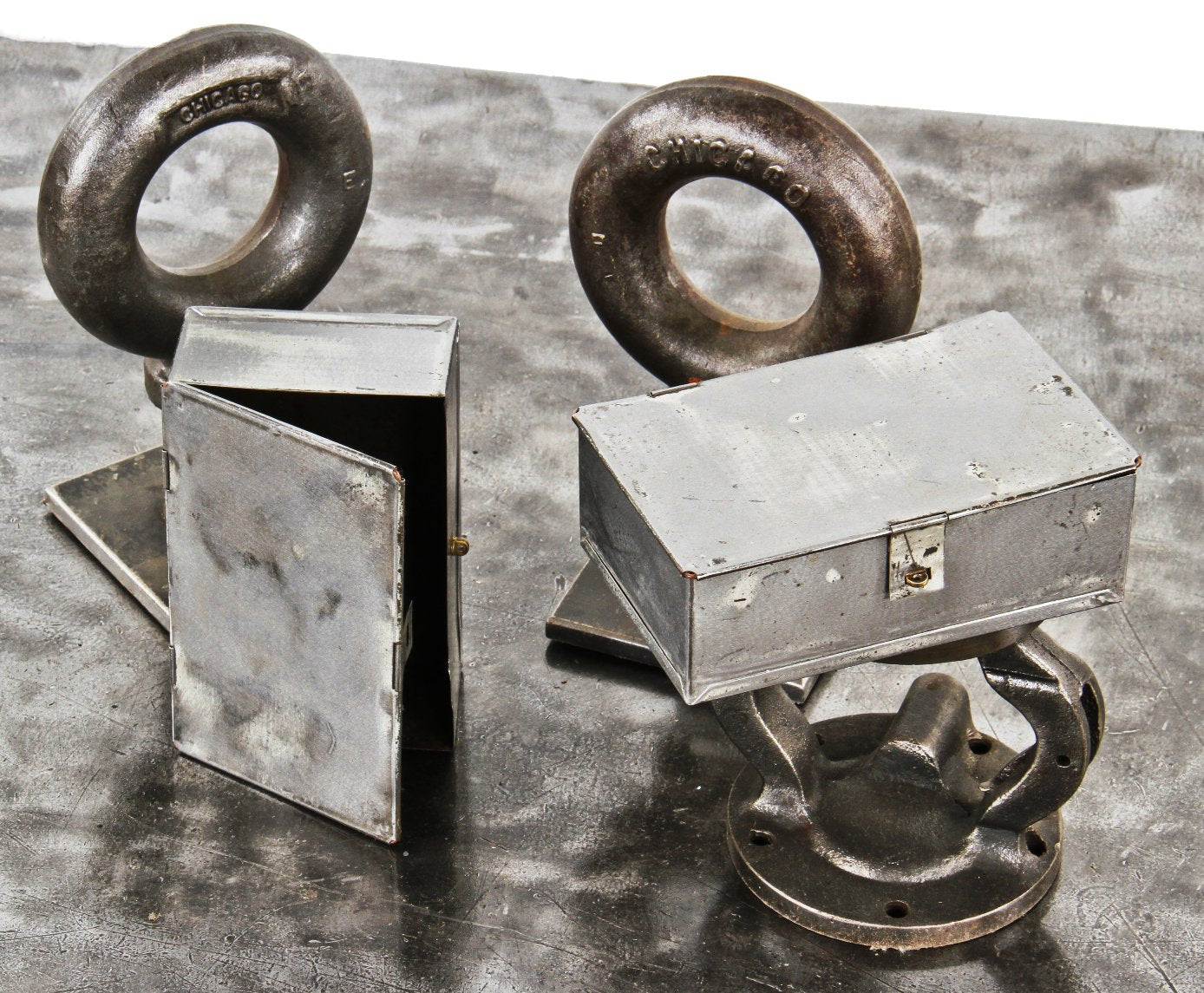 identical pair of original c. 1940's vintage american industrial pressed and folded custom-built factory workbench "small parts" containers with lockable hasps