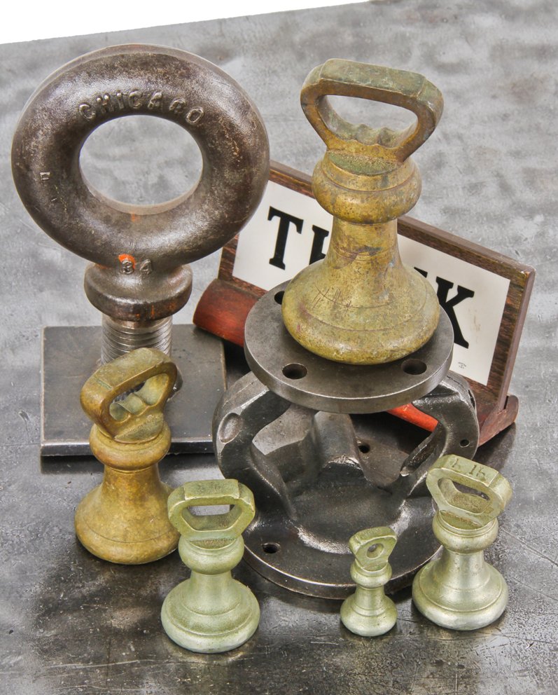 set of original c. late 19th or early 20th century american druggists oversized balance portable cast brass handled calibration weights with incised markings
