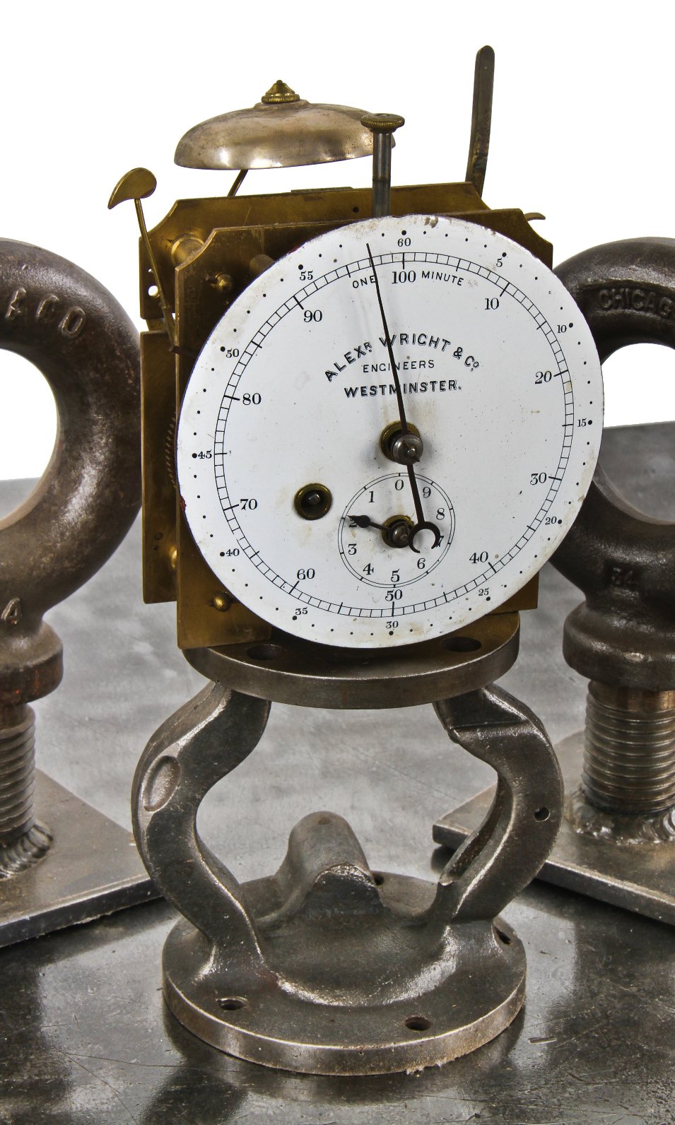 unusual c. 1930's antique industrial time clock or time recorder with vitreous enameled dial and nickel-plated cast bronze metal "gong" or bell with fanciful hammer