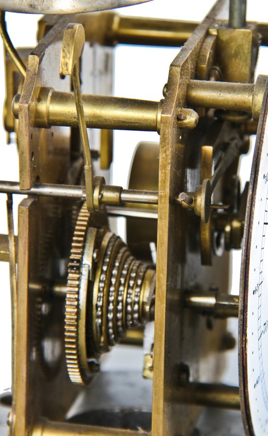 unusual c. 1930's antique industrial time clock or time recorder with vitreous enameled dial and nickel-plated cast bronze metal "gong" or bell with fanciful hammer