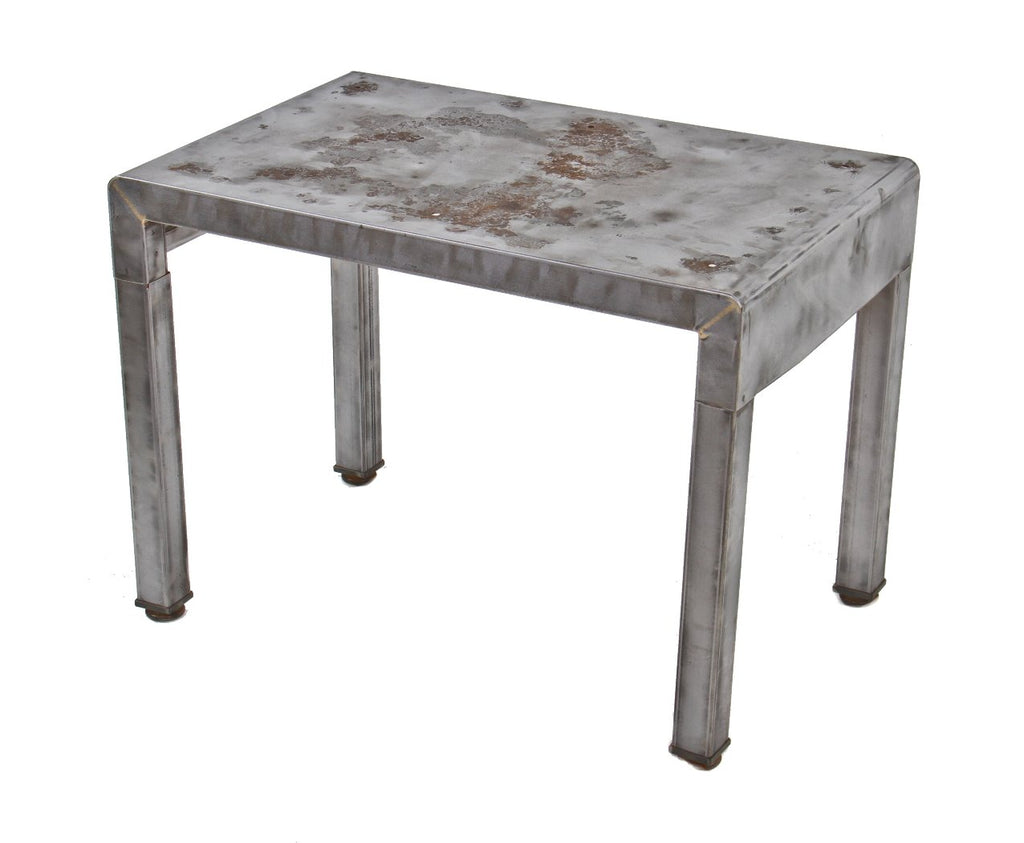original four-legged depression era freestanding cold-rolled furniture sheet steel brushed and sanded simmons vanity sitting bench with tubular-shaped legs