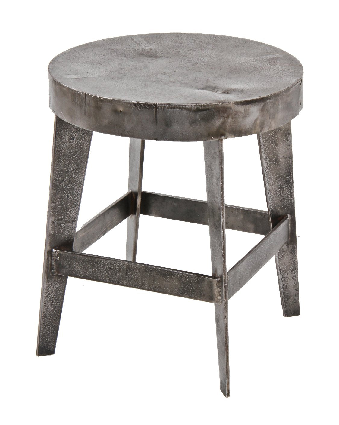 unusually designed and well-built vintage american industrial all-welded joint four-legged diminutive heavy gauge steel stool with four-sided stretchers