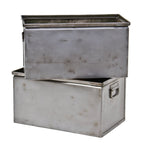 two matching c. 1930's american industrial refinished heavy gauge steel parisian novelty factory stackable storage bins with intact opposed drop handles