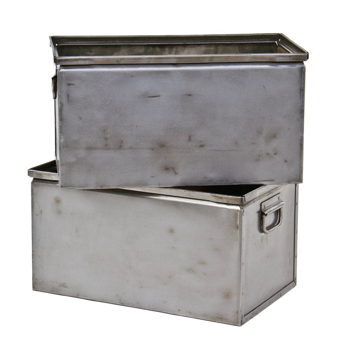 two matching c. 1930's american industrial refinished heavy gauge steel parisian novelty factory stackable storage bins with intact opposed drop handles