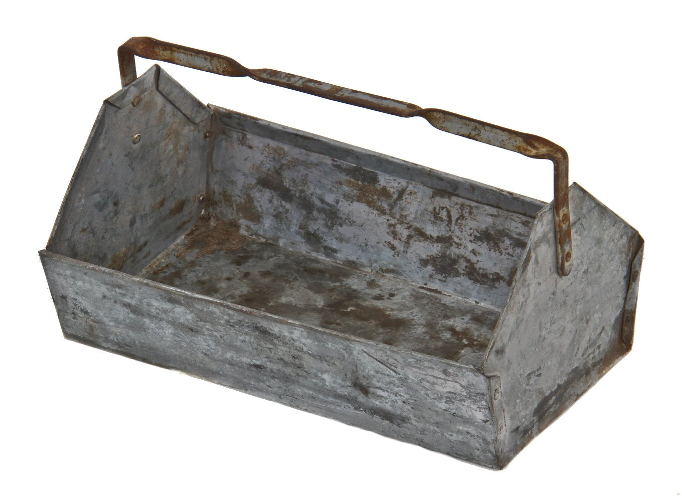 diminutive c. 1920's original pressed and folded galvanized steel single stationary handle tool box tote with riveted joints and pyramidal-shaped profile