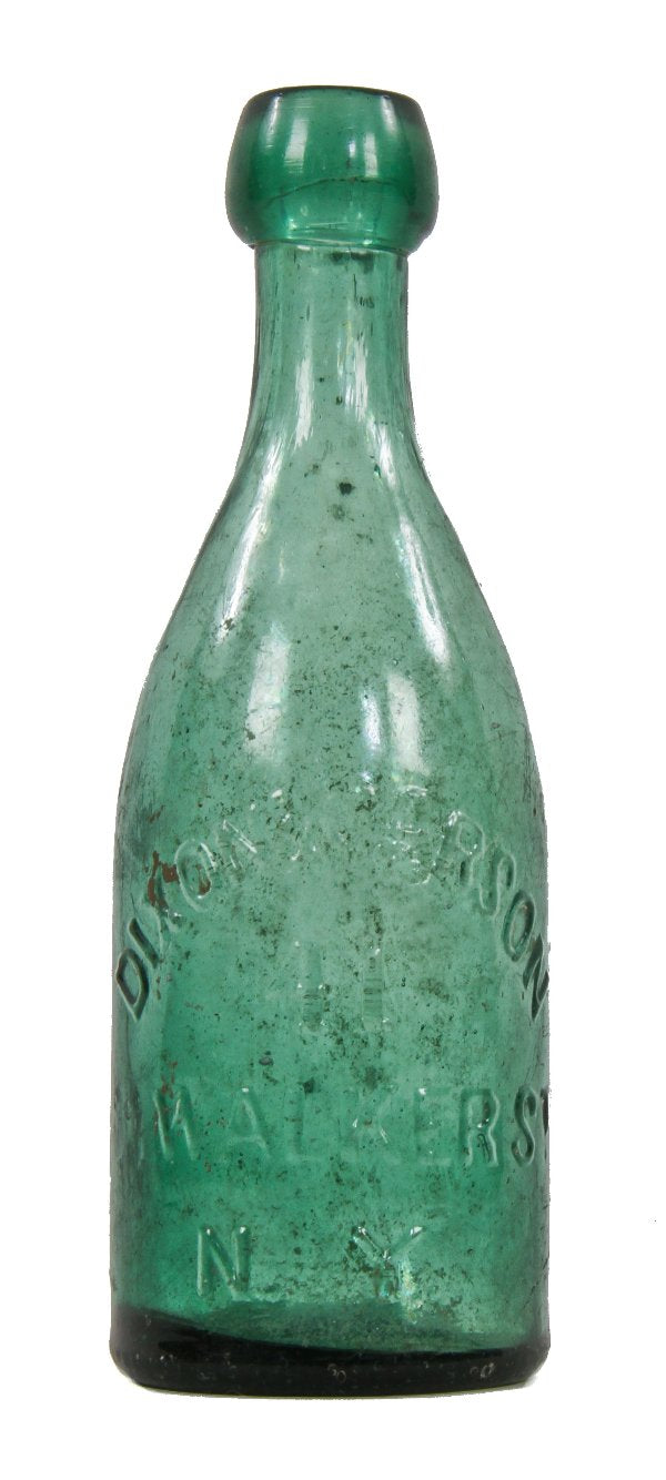 mid-nineteenth century antique intact privy dug teal pony-shaped soda bottle with applied blobtop with "dixon & carson/new york" embossed along the body