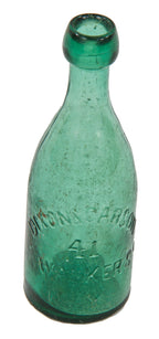 mid-nineteenth century antique intact privy dug teal pony-shaped soda bottle with applied blobtop with "dixon & carson/new york" embossed along the body