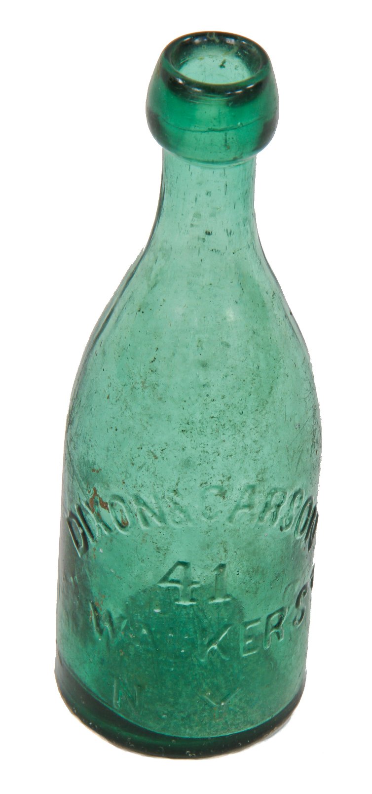 mid-nineteenth century antique intact privy dug teal pony-shaped soda bottle with applied blobtop with "dixon & carson/new york" embossed along the body