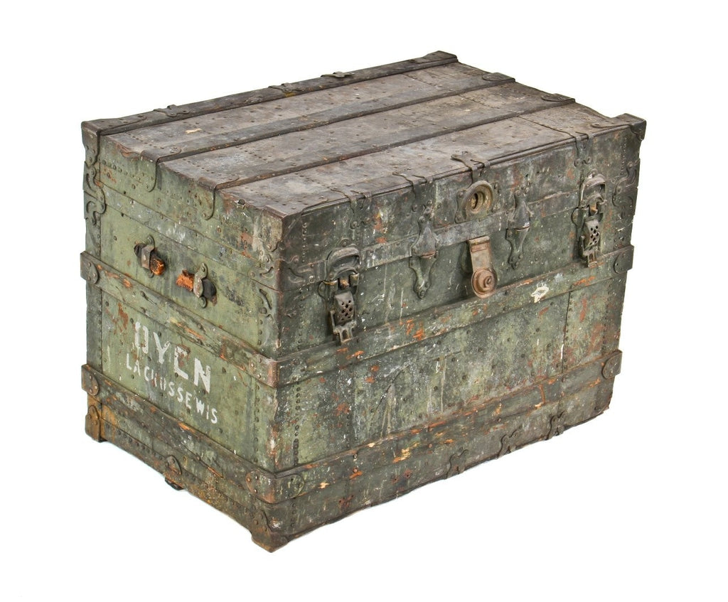 mid to late 19th century lars oyen (odin j. oyen's father) heavily worn traveling wood steamer trunk with hand-painted opposed name in bold white lettering