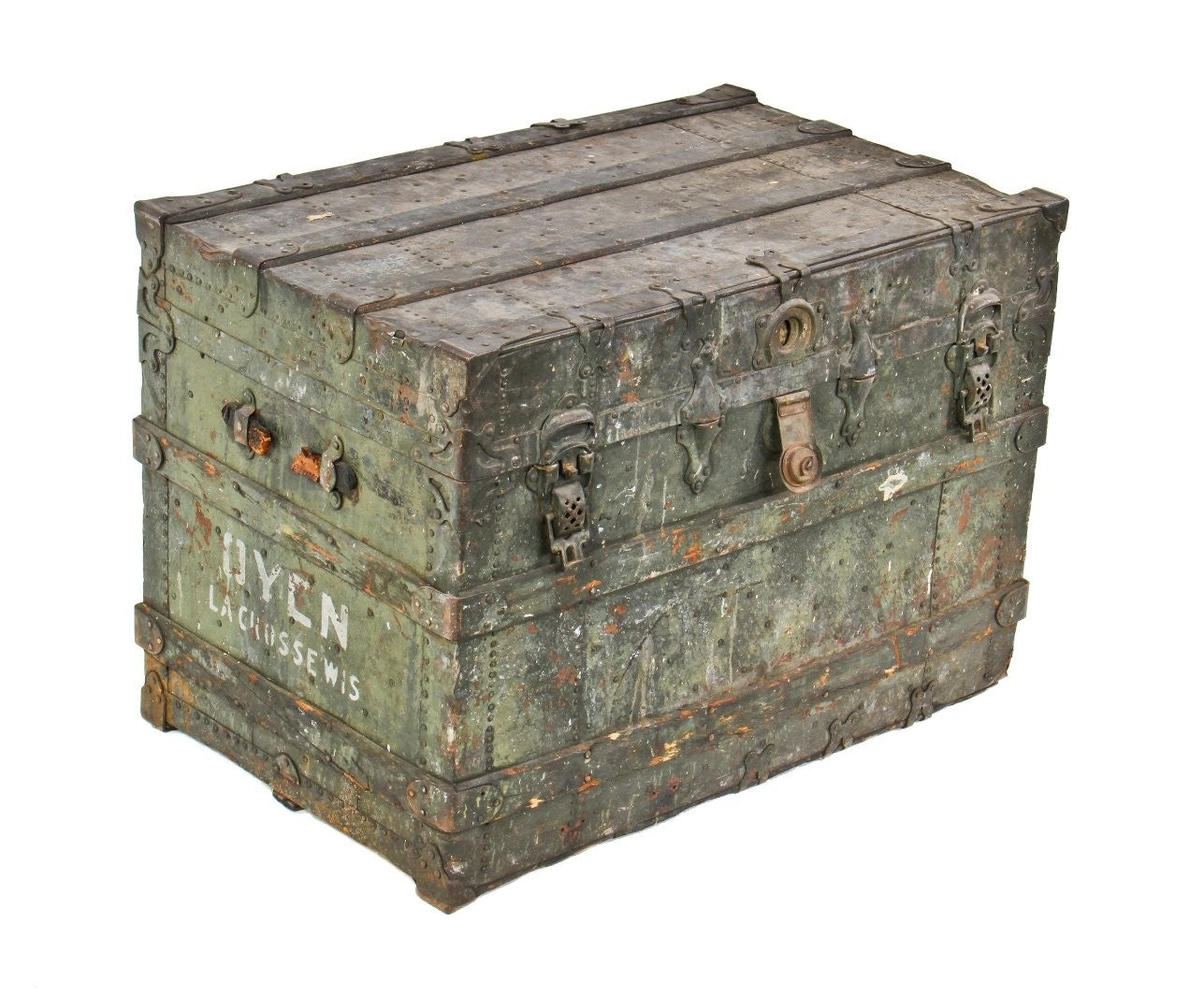 mid to late 19th century lars oyen (odin j. oyen's father) heavily worn traveling wood steamer trunk with hand-painted opposed name in bold white lettering