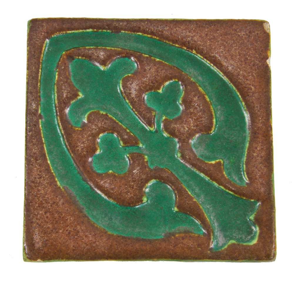original and intact c. 1907-11 antique american arts & crafts grueby salesman sample matte glazed tile belonging to the odin j. oyen design firm