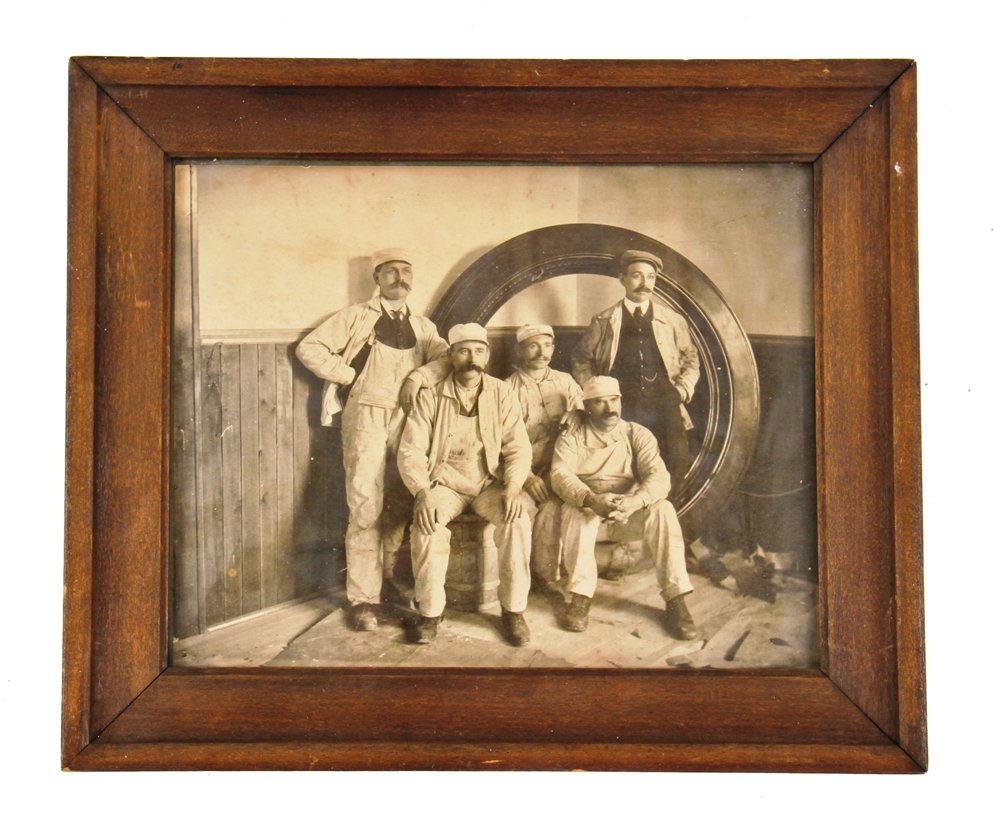 original early 20th century american wood framed gelatin silver print of the oyen decorating firm's artists on a residential jobsite