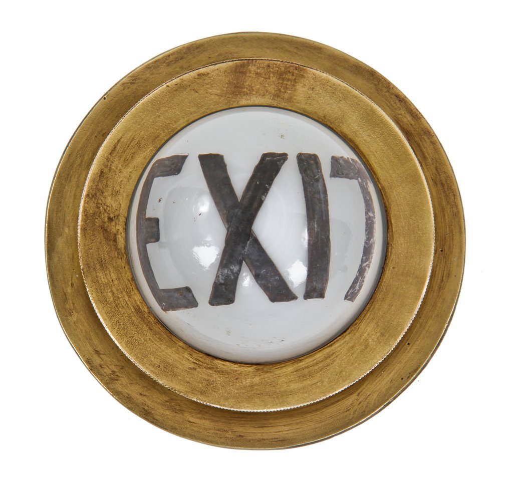 very unusual and visually distinctive all original c. 1930's american machine cast brass "speed ring" illuminated wall-mount theater exit light fixture with intact white opalescent glass globe