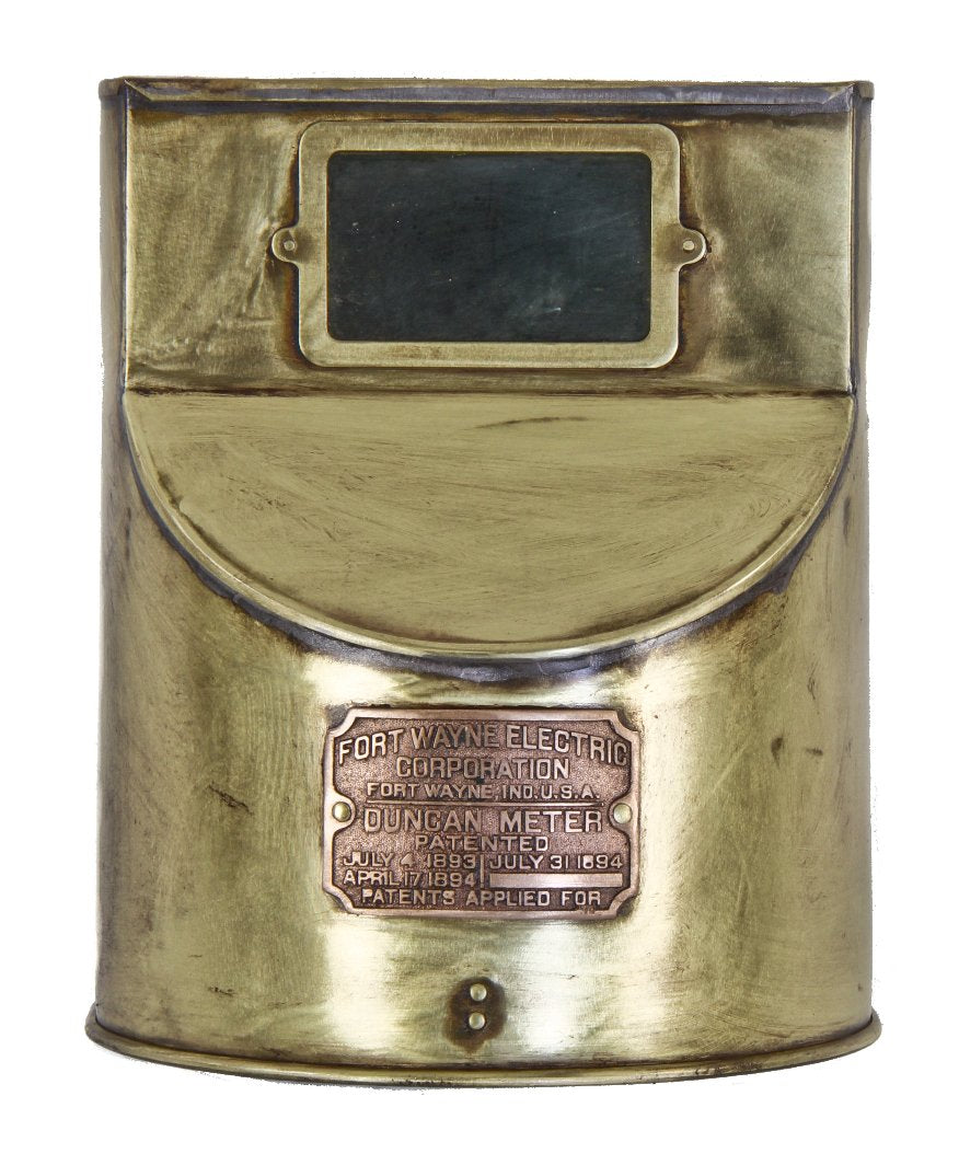 late 19th or turn of the 20th century refinished yellow brass patented duncan electric meter soldered joint case with bronze manufacturer's plaque