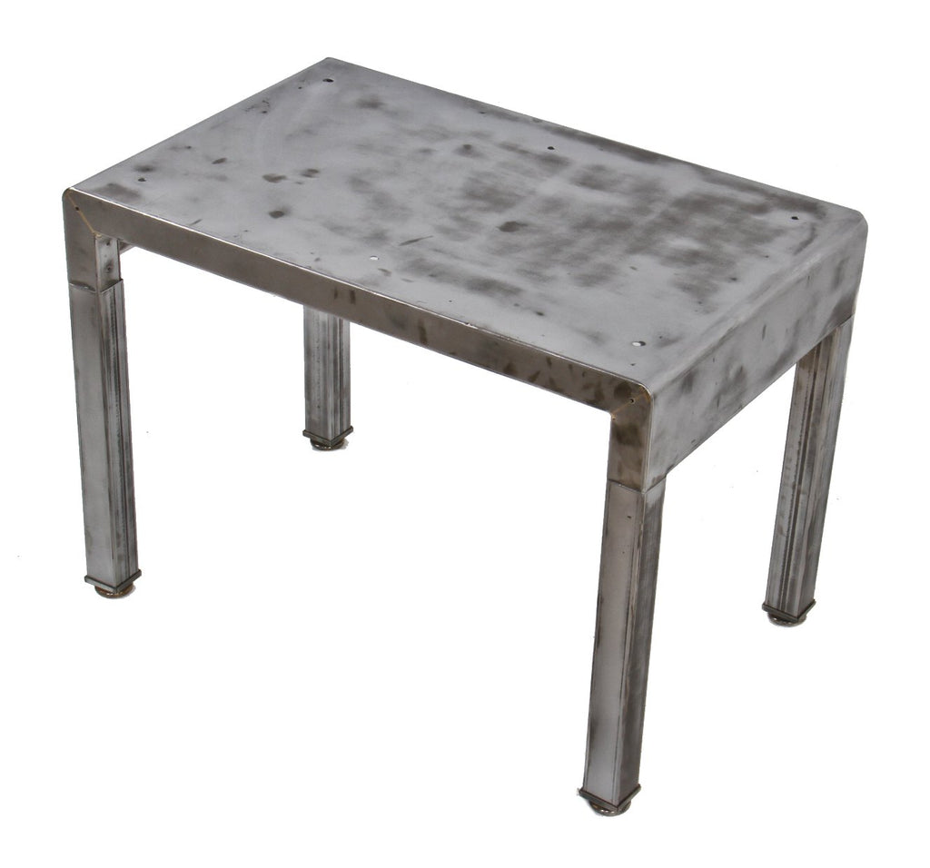 late 1930's american antique industrial stationary four-legged tubular steel simmons vanity sitting bench with a brush and sanded metal surface sealed with a clear coat lacquer
