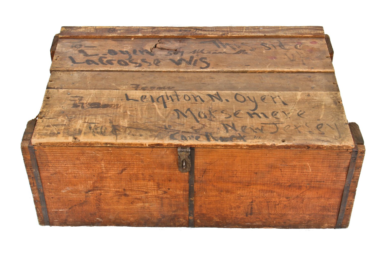 leighton n. oyen pine wood travel chest with hasp and hand-painted lettering