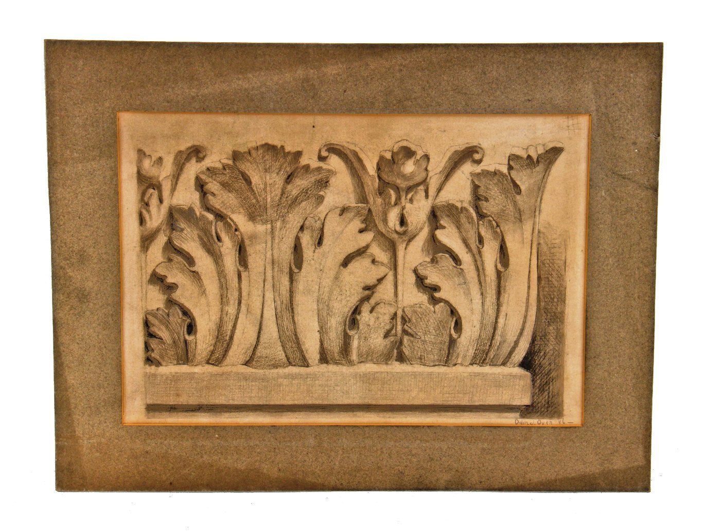rare all origjnal c. 1880's matted charcoal experimental rendering of intricately designed acanthus leaves by odin j. oyen