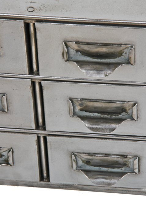 c. late 1930's refinished antique industrial heavy gauge steel multi-drawer "lyon" machinist workbench cabinet with original drawers