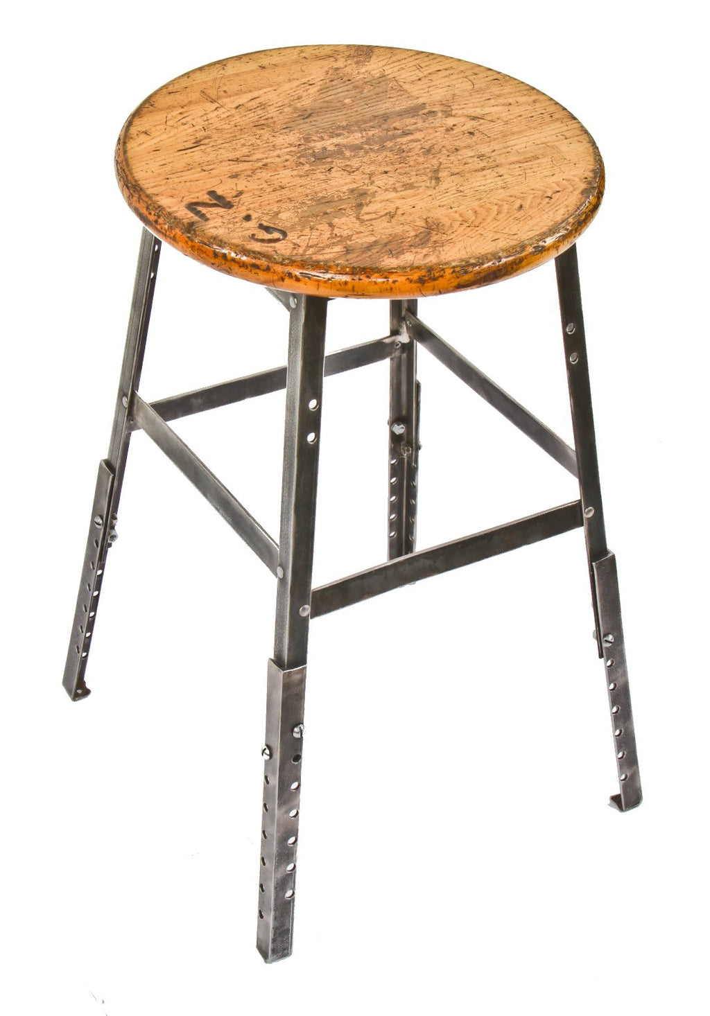 c. 1950's refinished adjustable height original vintage american industrial pollard backless factory machinist stool with well-built angled iron legs