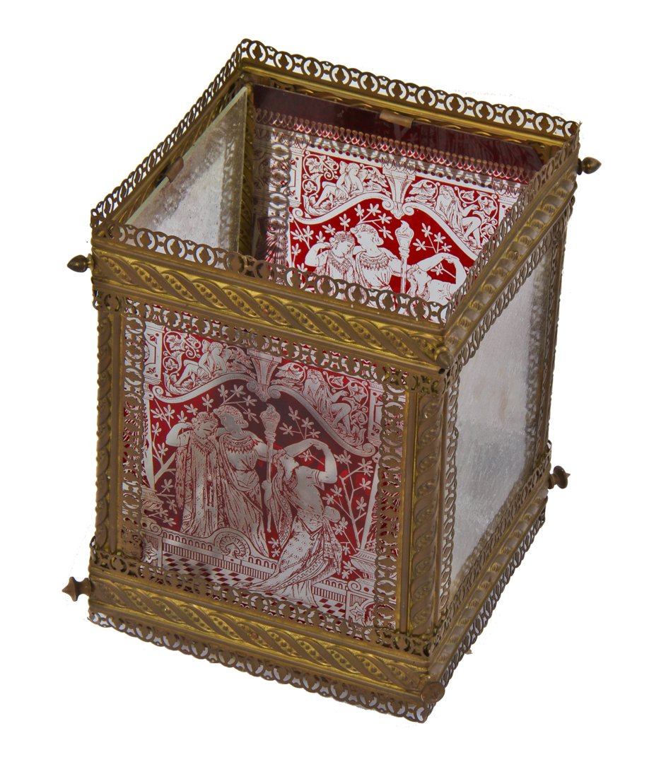 intact mid-19th century original american aesthetic movement interior residential patinated brass and ruby red "flash glass" ceiling gaslight fixture