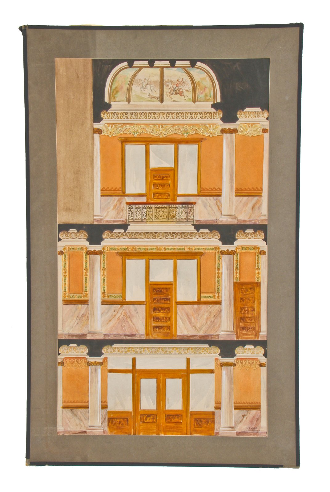 early 20th century moutned and signed oyen polychromatic watercolor interior architectural rendering of courthouse