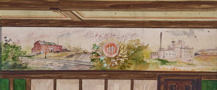 original early 20th century american polychromatic watercolor interior rendering depicting a tasting room and/or office for the joseph hussa brewery with stunning scenic mural