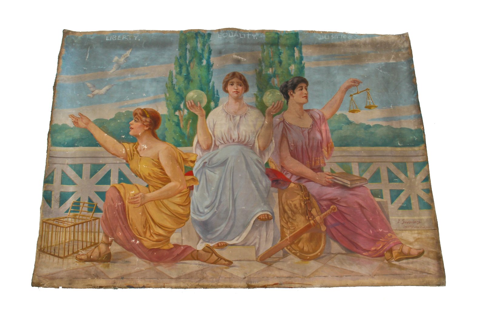 massive alex soderburg hand-painted oil on canvas "justice" mural for courthouse building