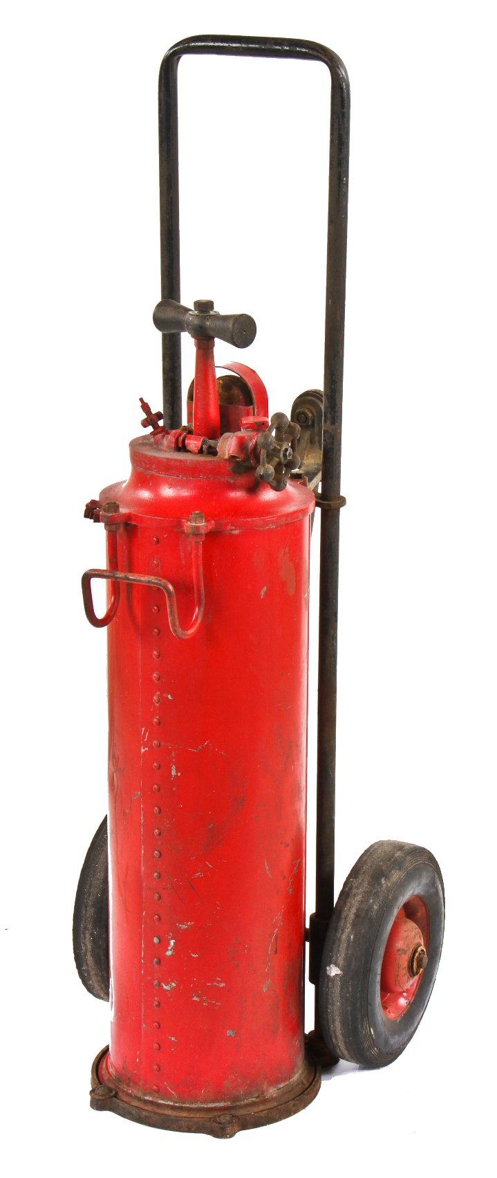 largely intact original american industrial riveted joint red enameled "no. 3 1/2" (gallon) phister oversized mobile fire extinguisher with custom dollie
