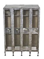 refinished intact freestanding early 20th century highly sought after "expanded metal mesh type" 4-unit factory lunchroom locker with t-handles