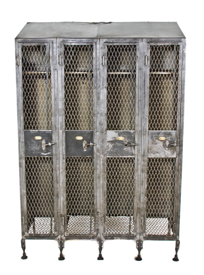 refinished intact freestanding early 20th century highly sought after "expanded metal mesh type" 4-unit factory lunchroom locker with t-handles