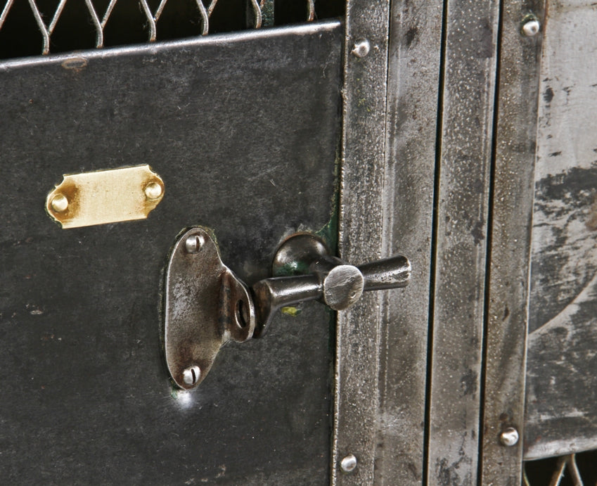 refinished intact freestanding early 20th century highly sought after "expanded metal mesh type" 4-unit factory lunchroom locker with t-handles