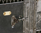 refinished intact freestanding early 20th century highly sought after "expanded metal mesh type" 4-unit factory lunchroom locker with t-handles