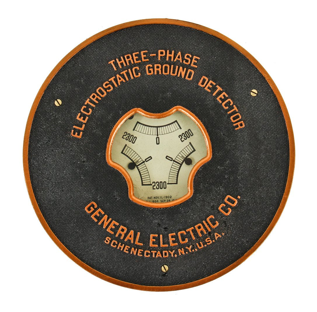 restored c. 1910-20 oversized american antique industrial circular-shaped cast iron and copper three-phase electrostatic ground detector