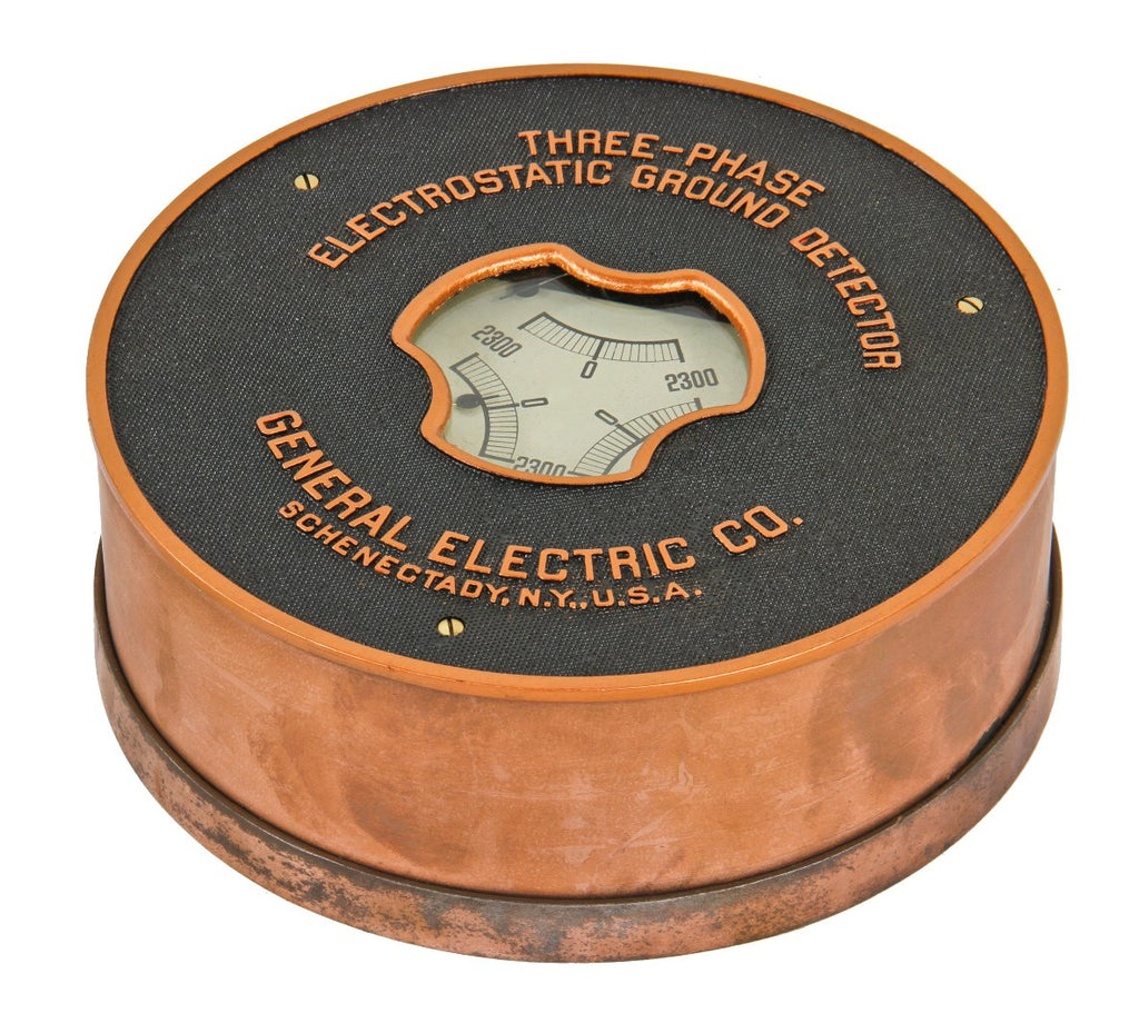 restored c. 1910-20 oversized american antique industrial circular-shaped cast iron and copper three-phase electrostatic ground detector