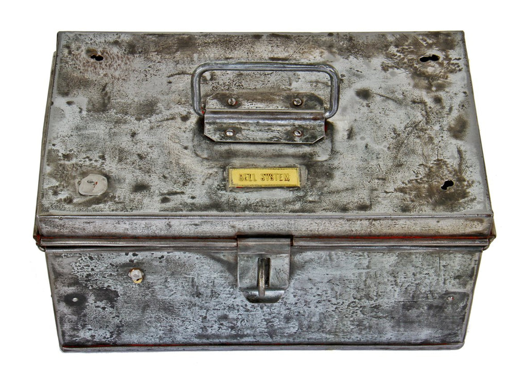 refinished antique american made industrial diminutive "bell system" galvanized steel lineman's tool box with original and intact drop handle