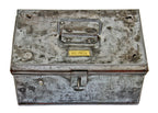 refinished antique american made industrial diminutive "bell system" galvanized steel lineman's tool box with original and intact drop handle
