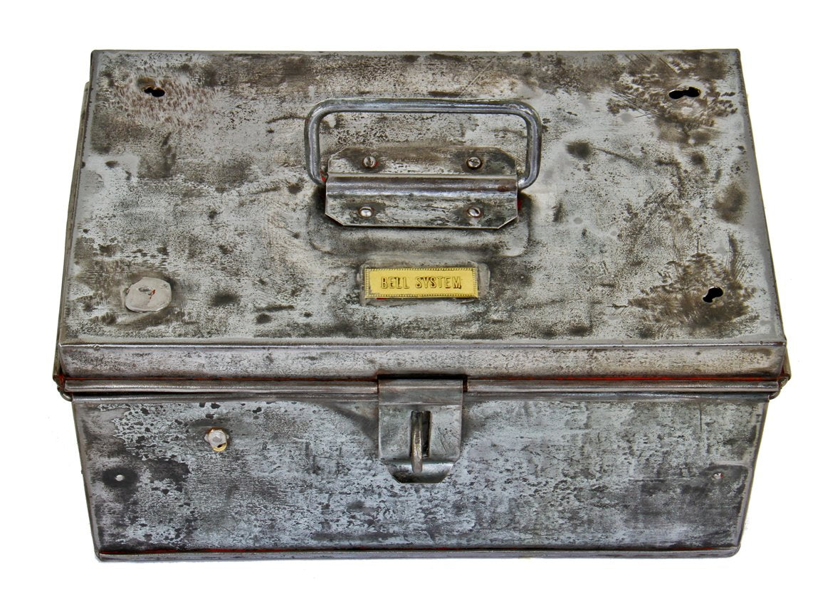 refinished antique american made industrial diminutive "bell system" galvanized steel lineman's tool box with original and intact drop handle