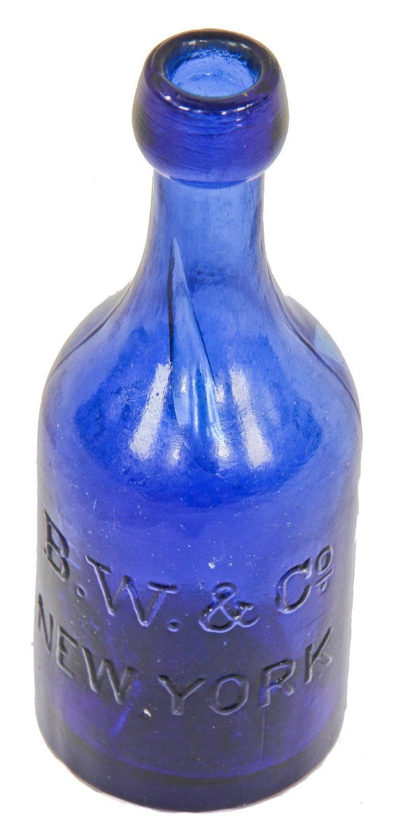 1850's antique american iron pontiled dark cobalt blue applied blobtop soda or mineral water bottle manufactured fort the burroughs wellcome company