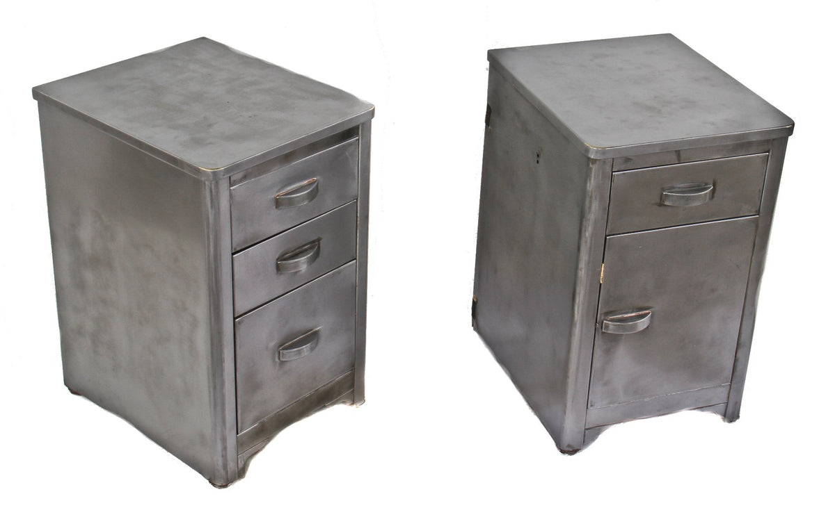 original late 1930's machine age compartmentalized pressed and folded steel simmons nightstand or side table with original streamlined handles