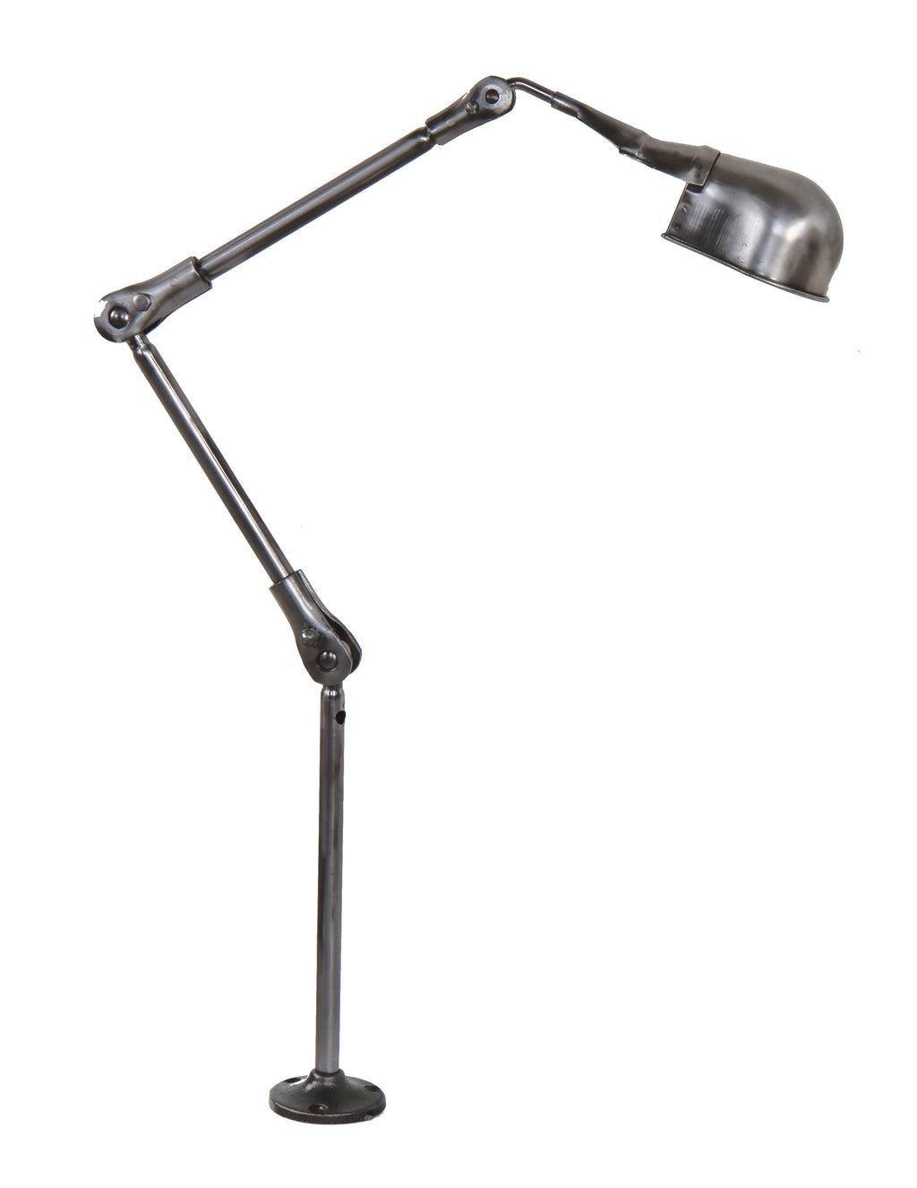 brushed and sanded bare metal triple-joint articulating fostoria factory workbench "localite" lamp with original integrated rolled rim reflector