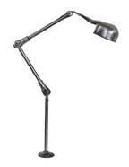 brushed and sanded bare metal triple-joint articulating fostoria factory workbench "localite" lamp with original integrated rolled rim reflector