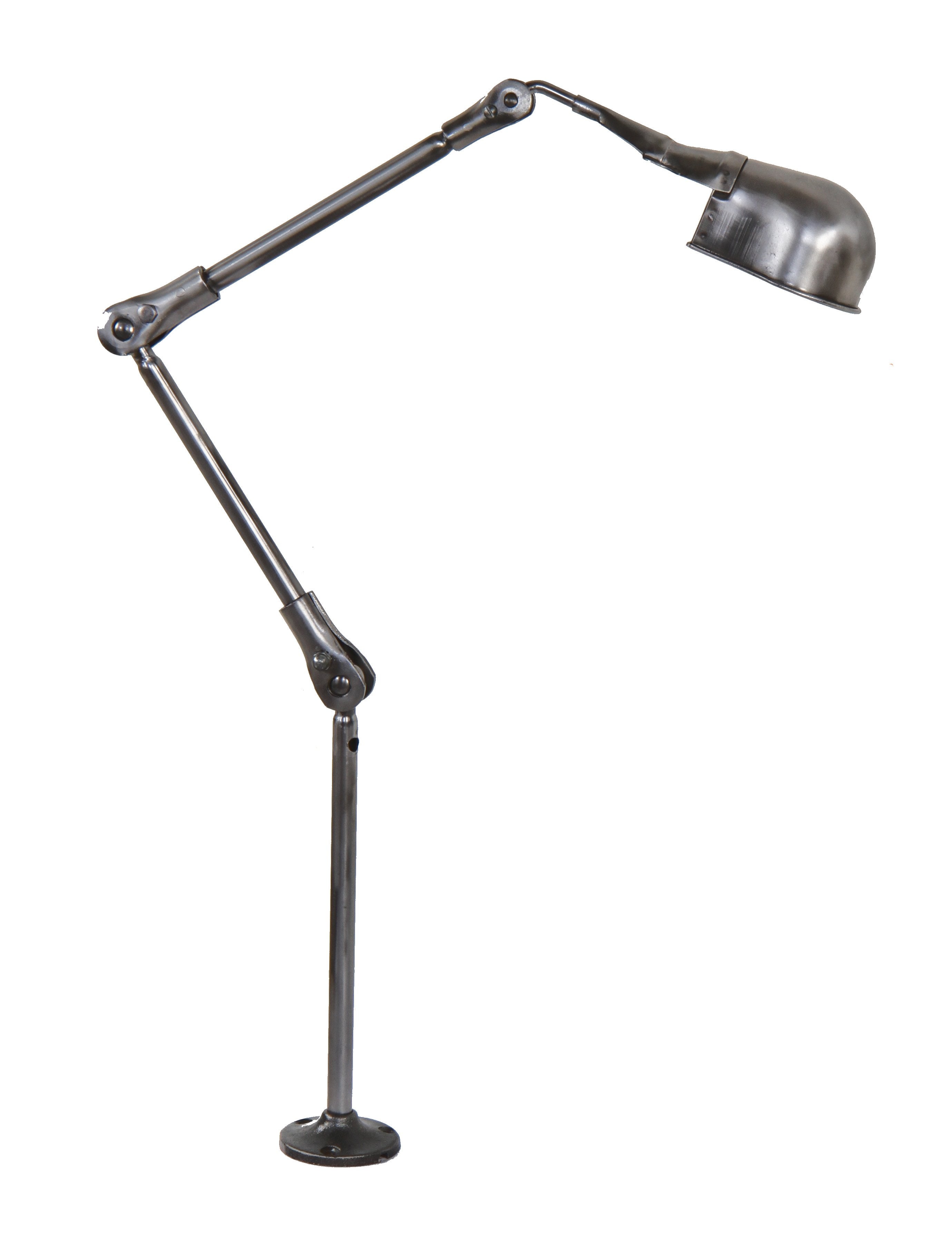 brushed and sanded bare metal triple-joint articulating fostoria factory workbench "localite" lamp with original integrated rolled rim reflector